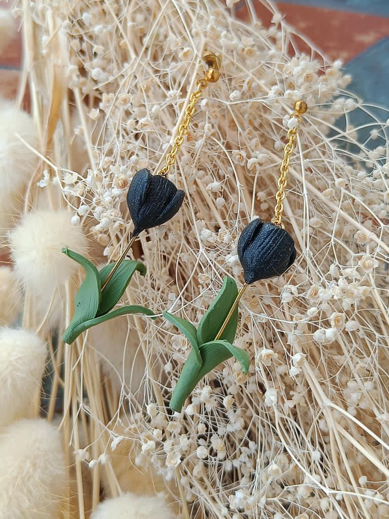 Black Tulip Clay Earrings with chain