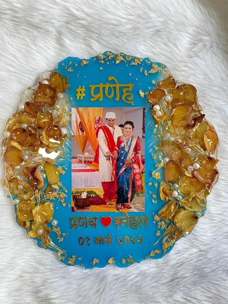 Azure Love Resin Blue Photo and varmala Frame with Preserved Flowers and Personalized Names