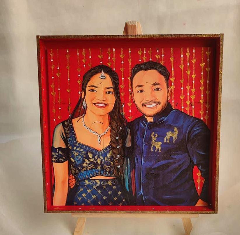 Heart Piece Handpainted Couple Portrait Puzzle