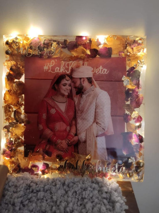 Captured Love Square Block Varmala Preservation with Couple Picture