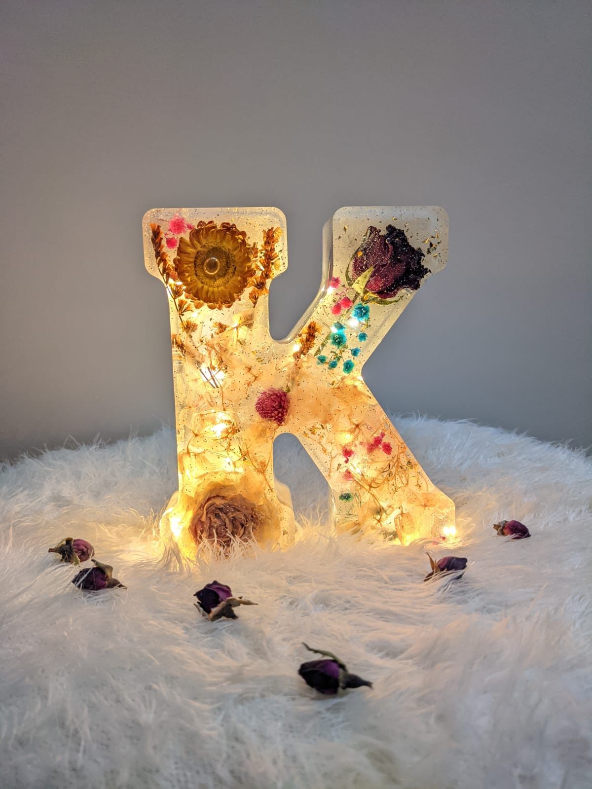 Radiant Monogram: Large Resin Letter "K" Illuminated with Preserved Flowers