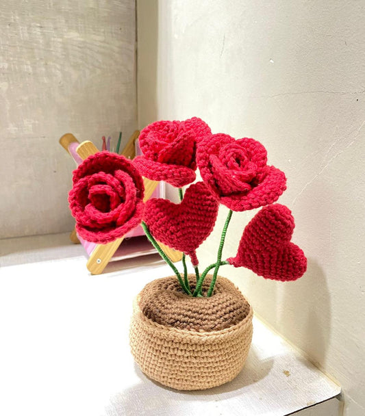 LoveBlooms: Handcrafted Crochet Rose and Heart Pot