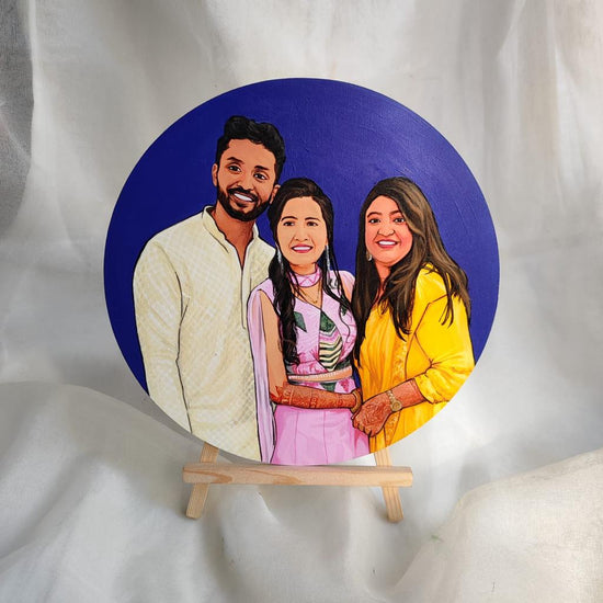 Joyful Trio: Expressive 6-Inch MDF Hand Painting Showcasing Three Individuals