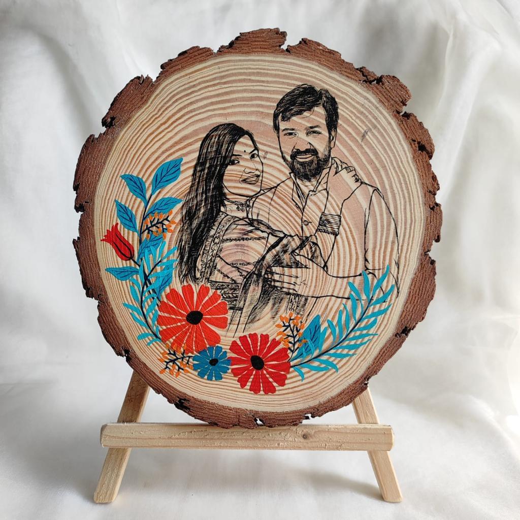 Connected Hearts: 8 Inches Hand-Painted Wooden Slice of Two People