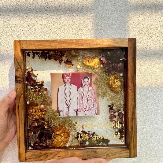 Rustic Elegance: Resin varmala  Flowers Preserved and Displayed in a Wooden Frame