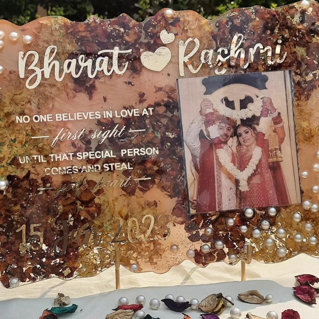 Sacred Treasures: Resin Rectangle Varmala Flowers Preserved Table Top Frame