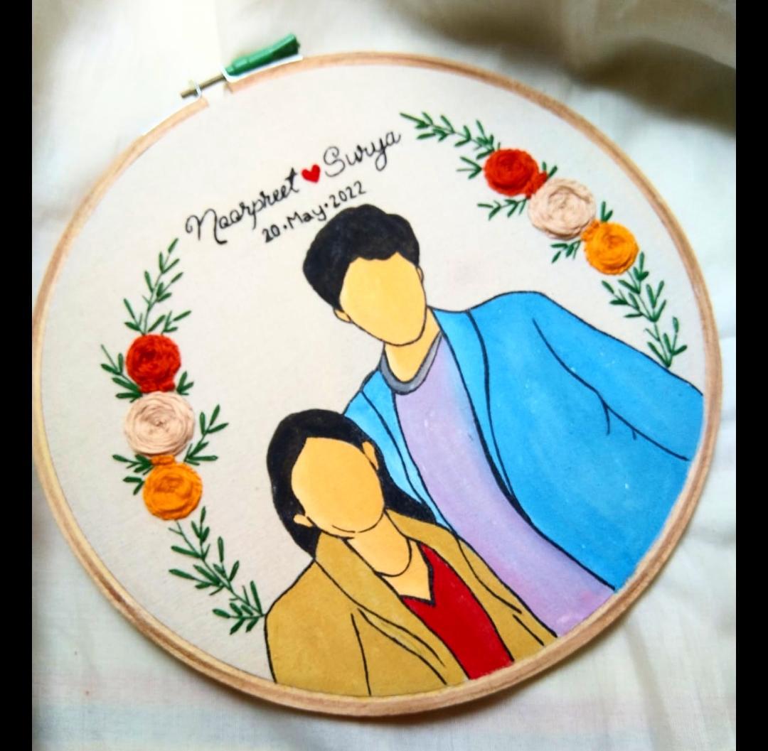 Whimsical Love: Handpainted Couple Hoop with Delicate Embroidery