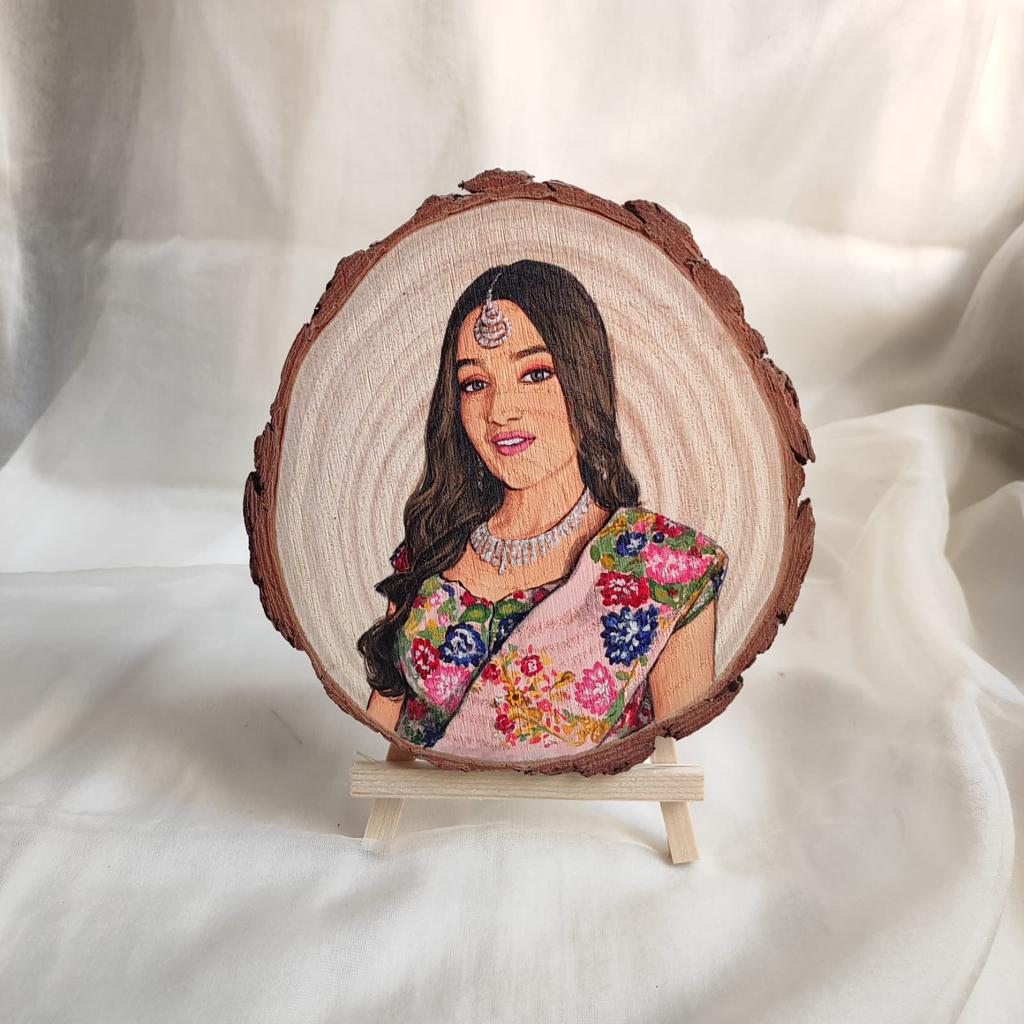 Whisper of the Woods: 6 Inches Hand-Painted Wooden Slice Portrait of 1 Person