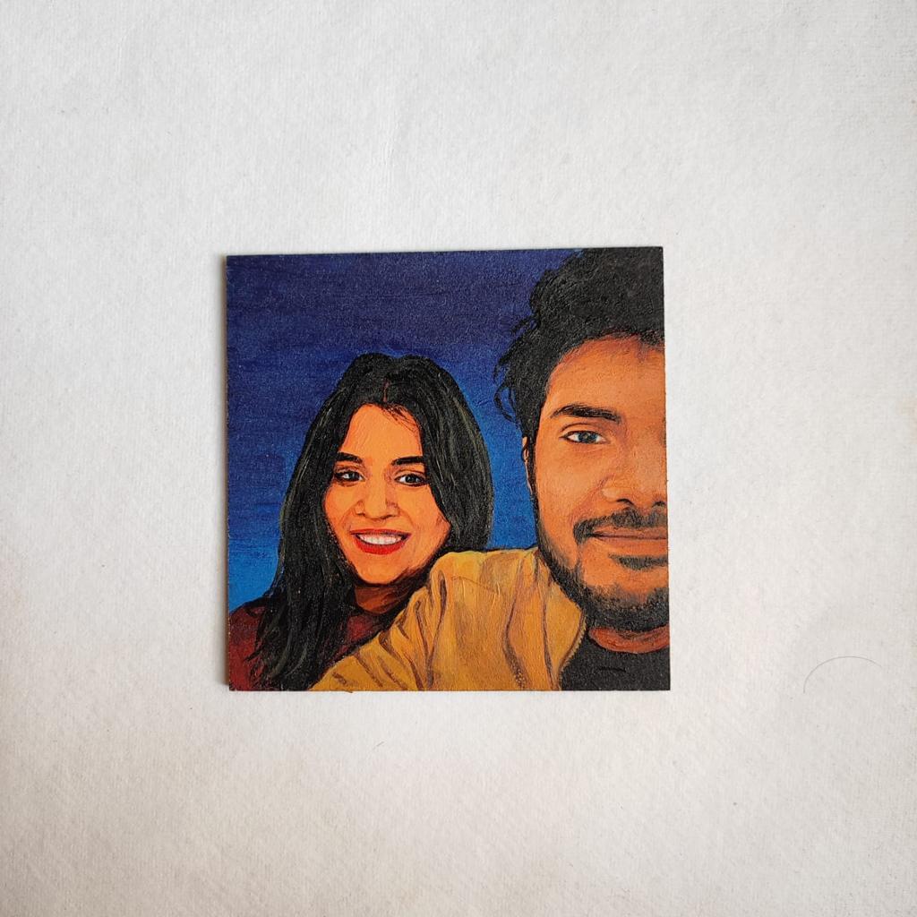 Beyond the Horizon: Hand-Painted 4-Inch Couple Portrait with Background